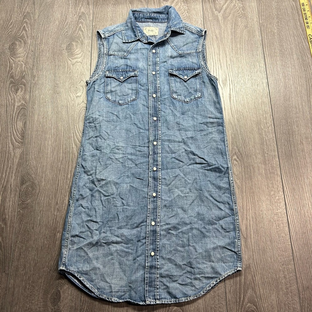 Polo Ralph Lauren Sleeveless Denim Sz 2 Western Pearl Dress Cotton Linen Blue